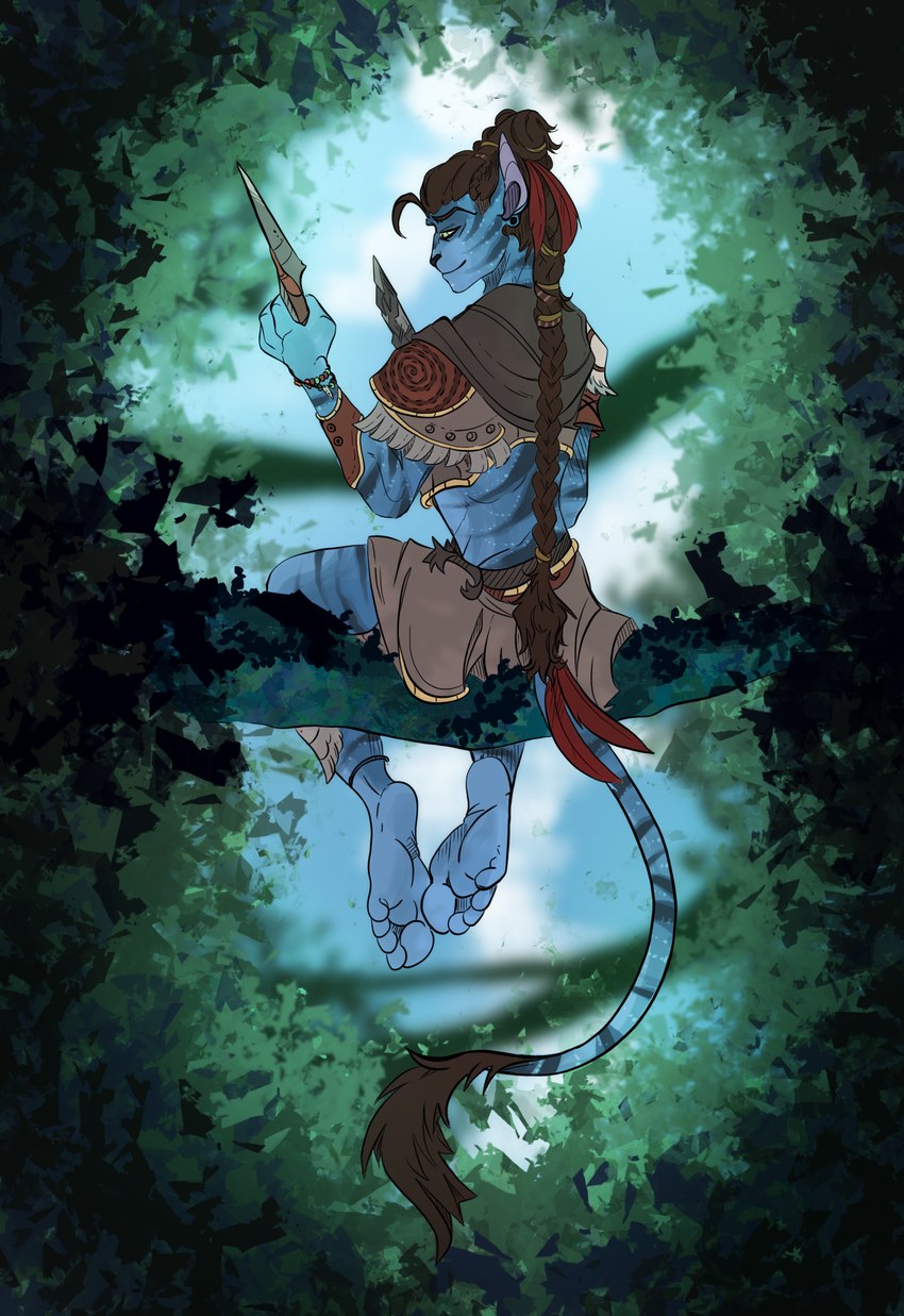 anthro blue_body blue_skin clothed clothing feet forest forest_background hair humanoid_feet male nature nature_background not_furry plant plantigrade simple_background solo tree tribal tribal_clothing weapon miko_umbra james_cameron's_avatar fan_character alien na'vi absurd_res hi_res