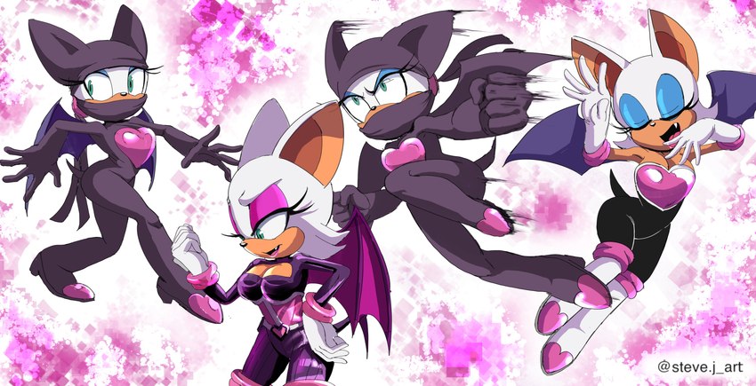 anthro armwear boots breasts burglar cleavage clothed clothing elbow_gloves eyeshadow female footwear fur gloves handwear lipstick makeup mask membrane_(anatomy) membranous_wings motion_lines multiple_poses pose shoes solo tan_body tan_skin white_body white_fur wings steve_jones sega sonic_the_hedgehog_(series) rouge_the_bat bat mammal 2023 absurd_res hi_res signature