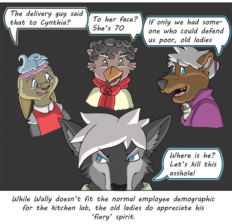 anthro beak dialogue female group male mature_female profanity text colrblnd duzt measureup walter_moss alaskan_malamute canid canine canis domestic_dog mammal nordic_sled_dog spitz comic english_text