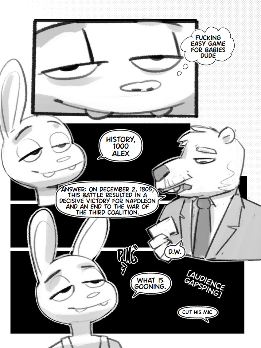 anthro black_tie_(suit) clothing dialogue duo game_show game_show_contestant game_show_host humor profanity suit text spincraze jeopardy! dumbwhore_(redic-nomad) beaver lagomorph leporid mammal rabbit rodent 2024 black_and_white comic english_text hi_res monochrome