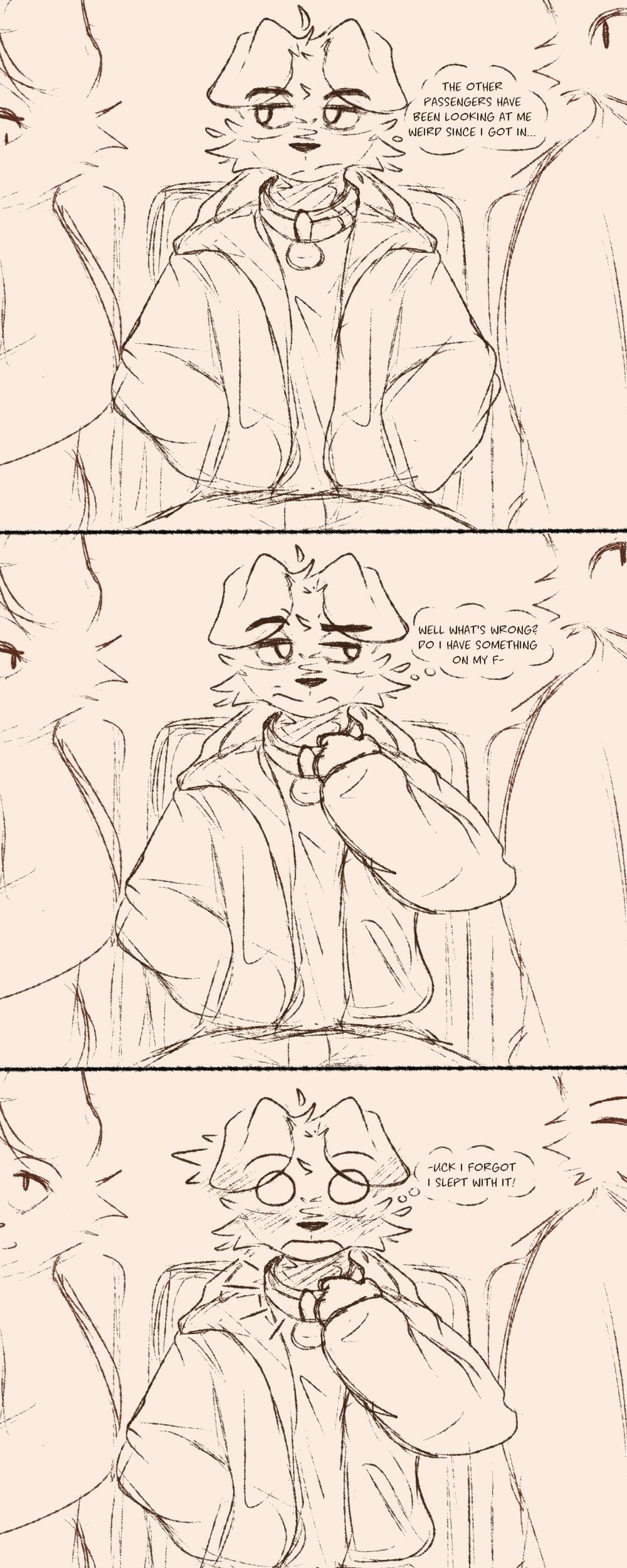 3_panel_comic ambiguous_gender anthro black_and_tan black_line_art black_text blush bottomwear cheek_tuft clothed clothing collar collar_pull embarrassed eyebrows eyelashes facial_tuft fingers floppy_ears front_view fully_clothed fur group hand_in_pocket hoodie mouth_closed neck_tuft open_clothing open_hoodie open_topwear pants pockets profanity shirt simple_background sitting snout solo_focus tan_background text thought_bubble topwear trio tuft unaware winterfrost_(artist) winterfrost_(winterfrost) canid canine canis domestic_dog mammal 2024 absurd_res comic digital_media_(artwork) english_text hi_res