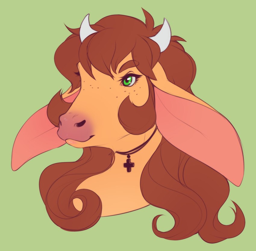 anthro big_ears brown_hair choker eyebrows eyeliner female freckles fur green_eyes hair horn jewelry makeup necklace pink_nose realistic solo tan_body tan_fur what white_horn buxbi las_lindas mora_linda bovid bovine mammal 2018 flat_colors hi_res