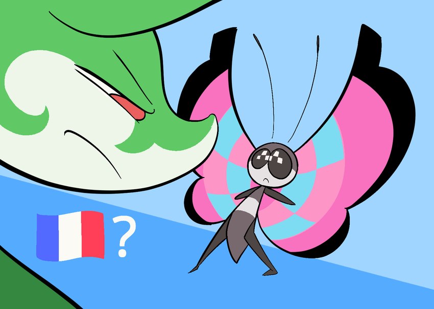 ambiguous_gender duo feral french_flag humor narrowed_eyes nervous shitpost squint muzzzzz nintendo pokemon pride_flag_question_mark arthropod generation_5_pokemon generation_6_pokemon meadow_vivillon pokemon_(species) reptile scalie serperior vivillon meme