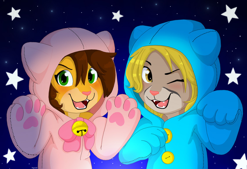 anthro blonde_hair blush brown_hair clothed clothing costume countershading daww duo female furry_wearing_fursuit fursuit green_eyes hair kigurumi looking_at_viewer night one_eye_closed onesie open_mouth simple_background star wink winking_at_viewer yellow_eyes young young_anthro piporete keiko_sakmat pursha_fluffmore cougar felid feline lion mammal pantherine absurd_res digital_media_(artwork) hi_res signature