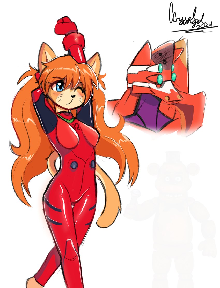 anthro blue_eyes female fur machine orange_body orange_fur parody solo stretching tail walking ccruelangel five_nights_at_freddy's neon_genesis_evangelion scottgames asuka_langley_soryu freddy_(fnaf) felid mammal robot absurd_res hi_res signature