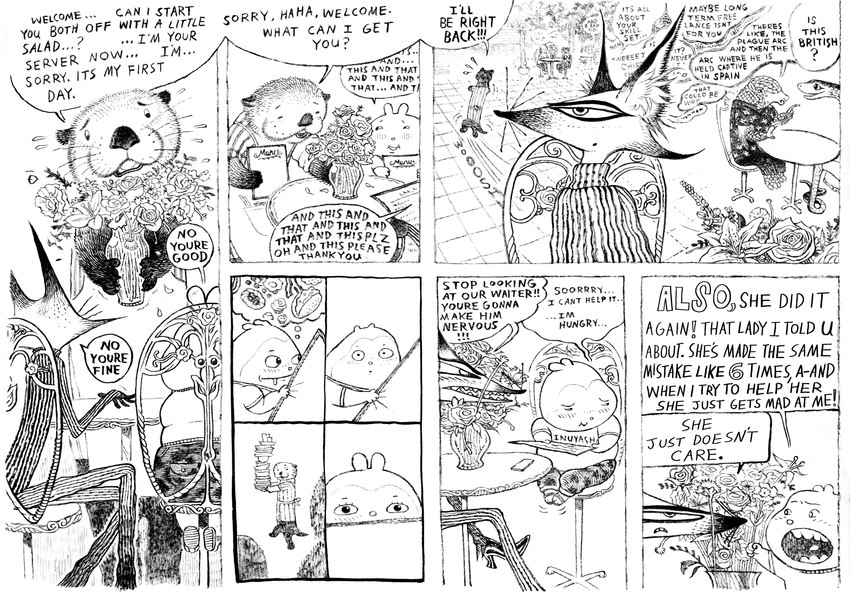 ambiguous_gender anthro apology apron blush bodily_fluids bottomwear camo camo_bottomwear camo_clothing camo_pants camo_print cellphone chair clothed clothed_anthro clothing dialogue dishes drooling electronics embarrassed flower furniture group holding_menu holding_vase inner_ear_fluff looking_at_another menu on_chair open_mouth pants pattern_bottomwear pattern_clothing pattern_pants phone plant saliva sharp_teeth shirt sitting sitting_on_chair smartphone smile sound_effects speech_bubble speech_bubble_overlap sweat sweatdrop sweater tail teeth text thought_bubble topwear tree tuft turtleneck unimpressed vase waiter whiskers anatola_howard_(maroonracoon) bunny_(anatola_howard) fox_(anatola_howard) canid canine fox lagomorph leporid mammal mustelid otter pangolin rabbit reptile scalie sea_otter snake 2022 absurd_res comic english_text hi_res traditional_media_(artwork)