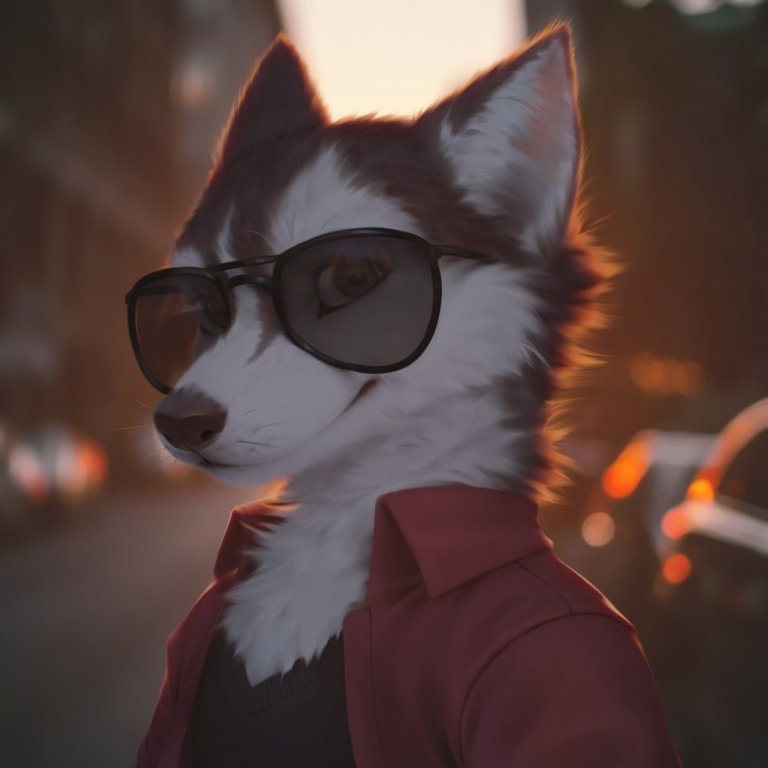 anthro blurred_background brown_body brown_fur clothed clothing eyewear fluffy fur looking_at_viewer outside photorealism shirt solo sunglasses topwear white_body white_fur wayn_animation canid canine canis domestic_dog husky mammal nordic_sled_dog spitz 1:1 2023 adobe_photoshop_(artwork) digital_media_(artwork) hi_res