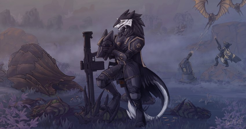 armor cape clothing furgonomics gatling_gun gun headgear helmet looking_at_viewer machine machine_gun mecha open_mouth ranged_weapon solo tail tail_tuft tuft turret weapon laki_and_sleepy helldivers sergal hi_res