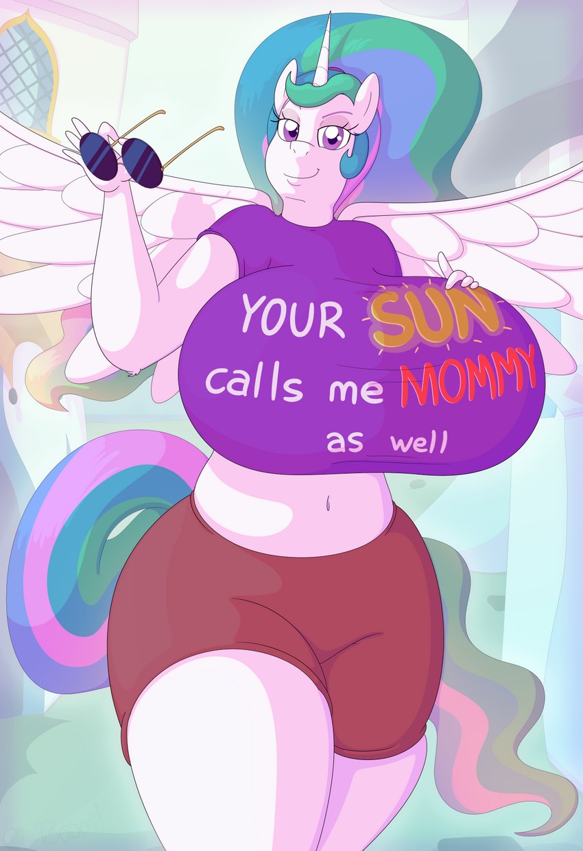 anthro anthrofied big_breasts bottomwear breasts canterlot clothed clothing eyewear feathered_wings feathers female fur hair hand_on_own_breast horn huge_breasts long_hair looking_at_viewer midriff mommy_kink multicolored_hair multicolored_tail navel outside ponytail shirt shorts smile solo spread_wings sunglasses t-shirt tail text text_on_clothing text_on_shirt text_on_topwear thick_thighs topwear white_body wings gunpowdergreentea friendship_is_magic hasbro my_little_pony mythology your_son_calls_me_mommy_too princess_celestia_(mlp) equid equine horse mammal mythological_creature mythological_equine pony winged_unicorn digital_media_(artwork) hi_res