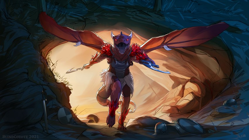 anthro athletic cave feet horn male melee_weapon membrane_(anatomy) membranous_wings muscular muscular_male open_mouth paws red_eyes shield solo spikes spread_wings sword tail weapon wings blindcoyote mythology jarek dragon mythological_creature mythological_scalie scalie 16:9 absurd_res hi_res signature smaller_version_at_source widescreen