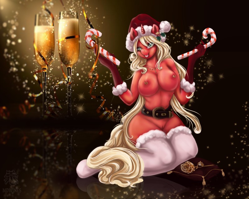 alcohol anthro armwear belt beverage big_breasts biped blep blonde_hair breasts candy candy_cane celebration champagne christmas_clothing christmas_headwear clothing dessert female flower food genitals gloves green_eyes hair handwear happy hat headgear headwear holding_object holidays holly_(plant) horn jewelry legwear looking_at_viewer nipples nude open_mouth party piercing plant pussy red_body red_skin rose_(flower) santa_hat simple_background sitting smile solo stockings thick_thighs tongue tongue_out conditional_dnp mdwines christmas hasbro my_little_pony mythology new_year fan_character santa_claus equid equine mammal mythological_creature mythological_equine unicorn 5:4 absurd_res digital_media_(artwork) hi_res