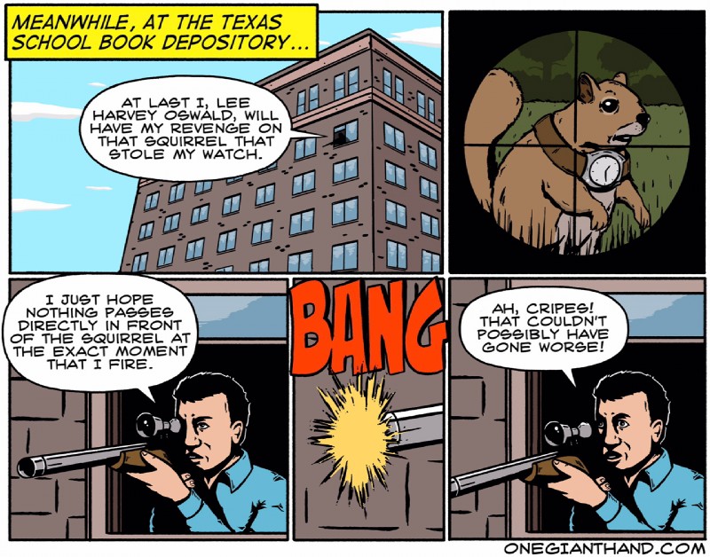 border building clock gun human_focus humor not_furry_focus onomatopoeia ranged_weapon rifle scope shooting sound_effects speech_bubble text watch weapon white_border onegianthand lee_harvey_oswald human mammal rodent sciurid tree_squirrel comic english_text url