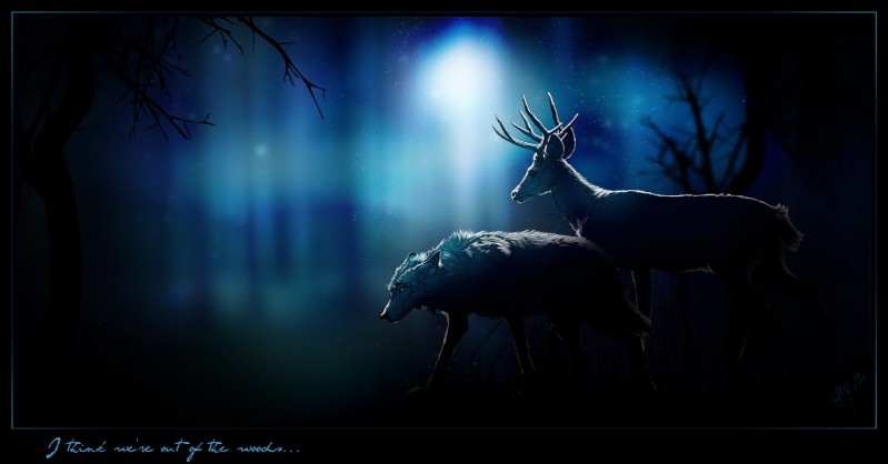 ambiguous_gender antlers black_eyes blue_eyes detailed_background duo ears_back feral forest horn male nature night outside pivoted_ears plant side_view tree walking novawuff canid canine canis deer mammal wolf 2013 blue_theme