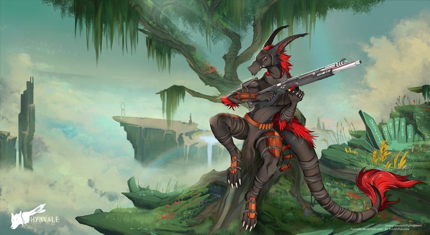 ancient angry anthro biped black_body branch clothing cloud costume day feathers female flat_chested flower forest fur gun hair hill holding_gun holding_object holding_ranged_weapon holding_weapon inner_ear_fluff leaf light light_beam long_ears long_tail looking_at_another markings mask nature nature_background outside plant ranged_weapon red_hair reloading rock shell_(projectile) shotgun shotgun_shell sky skyscape solo striped_body striped_markings stripes sunbeam sunlight sunrays tail tail_hair tower tree tribal tribal_clothing tribe tuft warrior water waterfall weapon wood hynvale electronic_arts mythology respawn_entertainment titanfall ashi_(itzahjoque) canid canine canis dragon mammal mythological_creature mythological_scalie scalie unknown_species vernid wolf hi_res