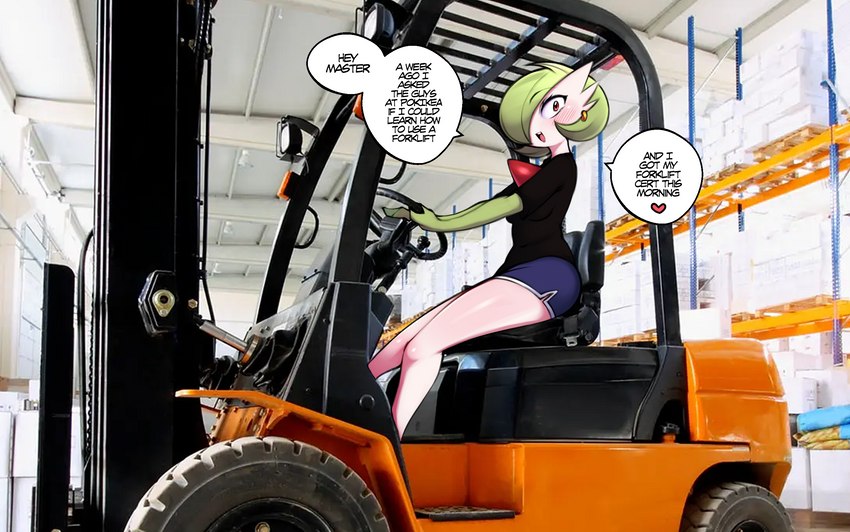 blush clothed clothing dialogue facial_piercing female forklift furgonomics furry-specific_piercing green_hair hair heart_symbol not_furry piercing real ring_piercing solo text vehicle saltyxodium forklift_certified nintendo pokemon gardevoir generation_3_pokemon pokemon_(species) 2023 english_text hi_res