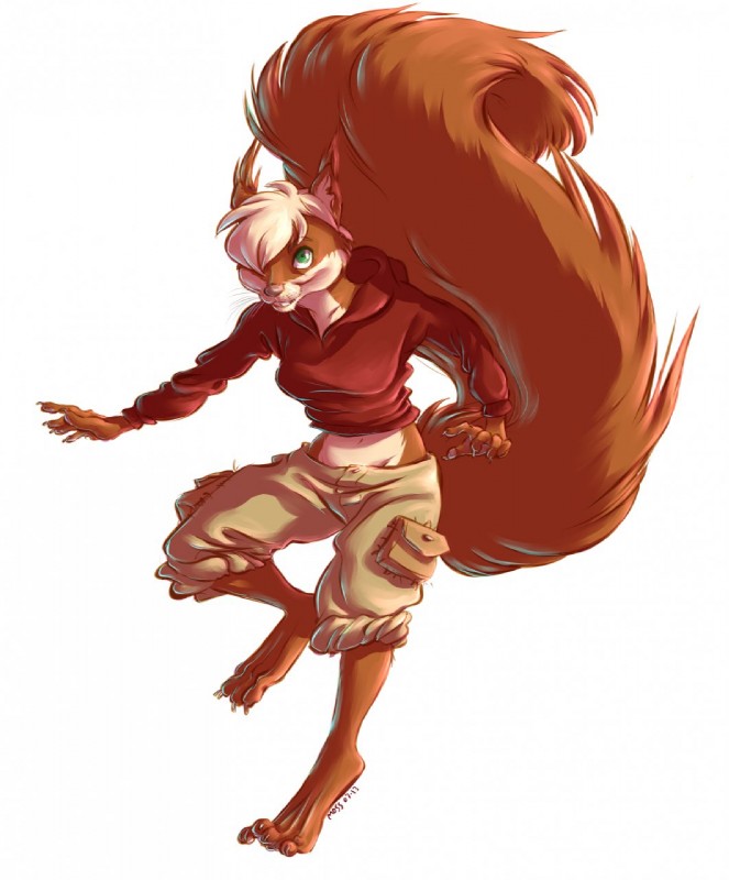 anthro biped blonde_hair brown_body brown_fur clothed clothing female fluffy fluffy_tail fur green_eyes hair navel solo standing tail teeth white_body white_fur white_hair therabbitd sammi_roja mammal rodent sciurid tree_squirrel hi_res