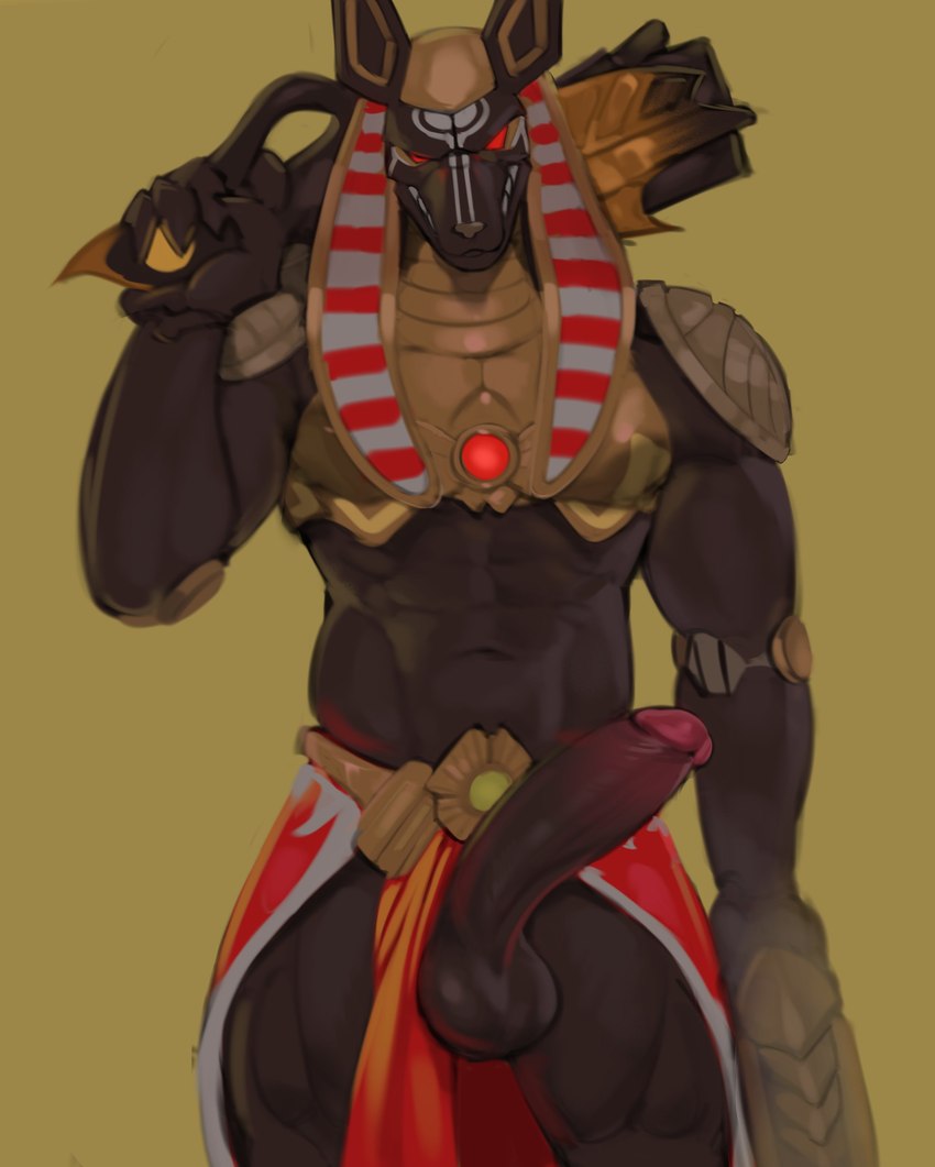 abs anthro balls biceps black_body bodily_fluids bottomwear bottomwear_aside clothed clothing clothing_aside egyptian egyptian_clothing egyptian_headdress erection front_view fur genitals humanoid_genitalia humanoid_penis loincloth loincloth_aside looking_at_viewer male muscular muscular_male muscular_thighs nemes_(clothing) nude pecs penis ranged_weapon red_eyes serratus simple_background smile solo sweat topwear triceps weapon kogito blizzard_entertainment egyptian_mythology middle_eastern_mythology mythology overwatch anubis anubis_reaper reaper_(overwatch) anubian_jackal canid canine canis deity jackal mammal absurd_res digital_media_(artwork) hi_res