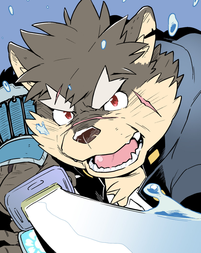 anthro biped clothed clothing fur male melee_weapon multicolored_body multicolored_fur scar simple_background solo sword teeth two_tone_body two_tone_fur weapon kira_nerisu lifewonders tokyo_afterschool_summoners moritaka_(tas) canid canine canis domestic_dog mammal 2017 portrait