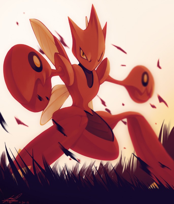 4_wings ambiguous_gender depth_of_field fierce grass looking_at_viewer movement multi_wing pincers plant red_body red_skin solo wings yellow_eyes rock-bomber nintendo pokemon generation_2_pokemon pokemon_(species) scizor 2013 digital_media_(artwork) signature