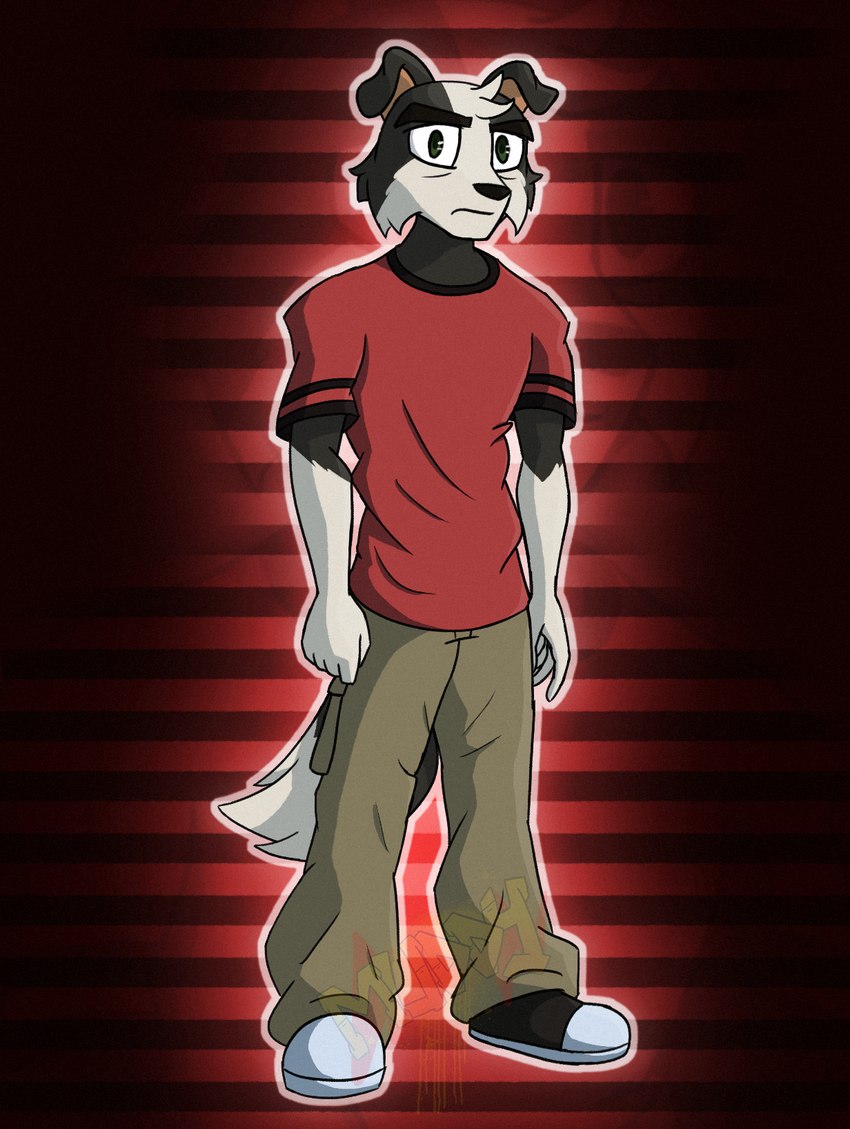 anthro bottomwear cargo_pants clothing dark_body dark_fur eyebrows footwear fur green_eyes khaki_pants looking_at_viewer male oversized_clothing pants pattern_background red_background red_clothing red_shirt red_topwear shirt shoes simple_background sneakers solo standing striped_background t-shirt thick_eyebrows tired_eyes topwear muddy_(artist) tony_(muddy) border_collie canid canine canis collie domestic_dog herding_dog mammal pastoral_dog sheepdog hi_res