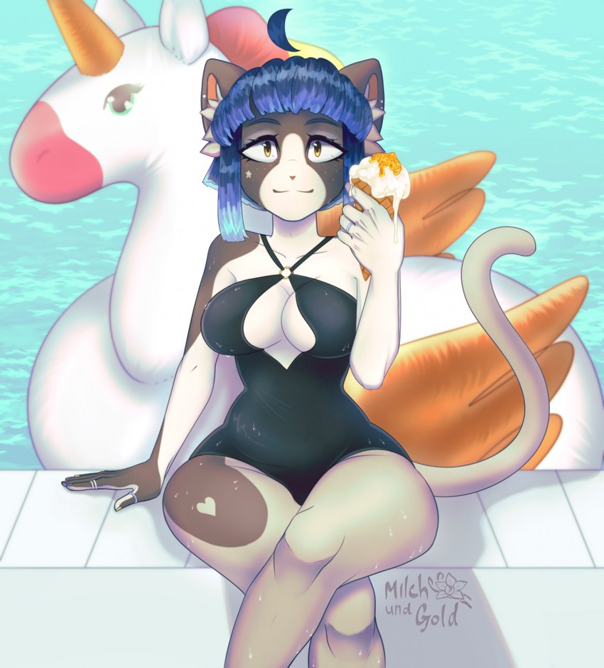 anthro blue_hair breasts claws clothing colored_claws covering covering_breasts dessert digit_ring ear_piercing ear_ring female finger_ring food fur grey_body hair ice_cream jewelry leg_cross looking_at_viewer melted_ice_cream orange_eyes piercing pool_float pool_toy raised_arm raised_tail ring_piercing simple_background sitting smile solo star_pattern swimming_pool swimwear tail text water wet wet_body wet_fur white_body yellow_eyes milch_und_gold milch felid feline mammal 2022 digital_media_(artwork) hi_res watermark