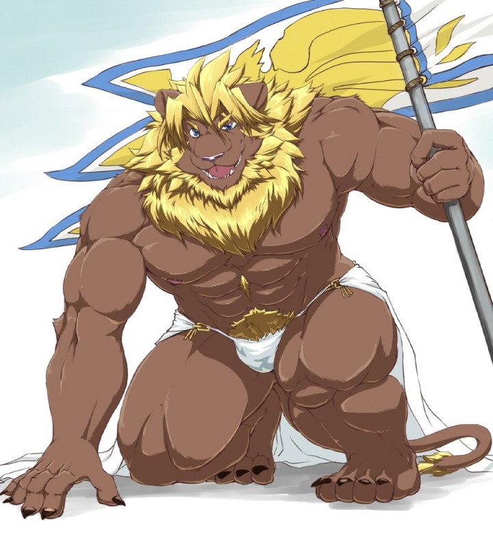 5_fingers abs anthro biceps clothing fingers flag flagpole fur hair kemono male muscular muscular_anthro muscular_male nipples pecs rope simple_background solo underwear suruga felid lion mammal pantherine 2018 digital_media_(artwork)