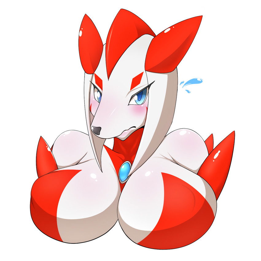 anthro blue_eyes blue_pupils blush bodily_fluids breasts female flying_sweatdrops glistening glistening_body looking_at_viewer pink_blush pupils red_body simple_background solo sweat sweatdrop wavy_mouth white_background white_body kemojin canid mammal 1:1 2019 hi_res