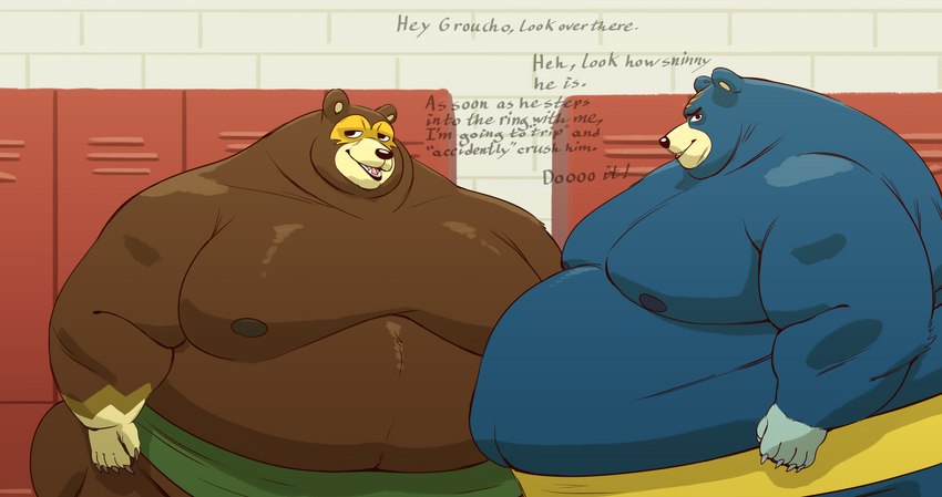 anthro belly blue_body brown_body detailed_background duo humanoid_hands locker_room male moobs nipples obese obese_male overweight overweight_male sumo text pearypanda animal_crossing nintendo groucho_(animal_crossing) ike_(animal_crossing) bear mammal 2022 absurd_res english_text hi_res