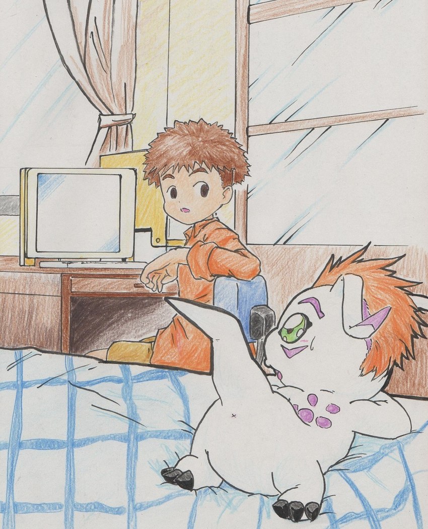 anus bed blush computer duo electronics feral fur furniture green_eyes hair male on_bed red_hair white_body white_fur x_anus tabasukotrr bandai_namco digimon izzy_izumi digimon_(species) gomamon human mammal hi_res traditional_media_(artwork)