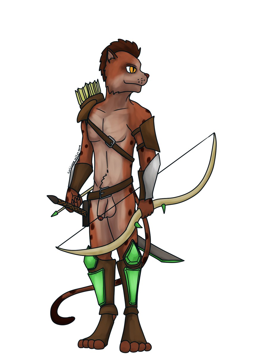 anthro armor bow_(weapon) bracers clothing footwear fur male melee_weapon quiver_(object) ranged_weapon red_body red_fur solo sword weapon wristwear fyreblazes microsoft the_elder_scrolls jbashaar felid feline khajiit mammal hi_res