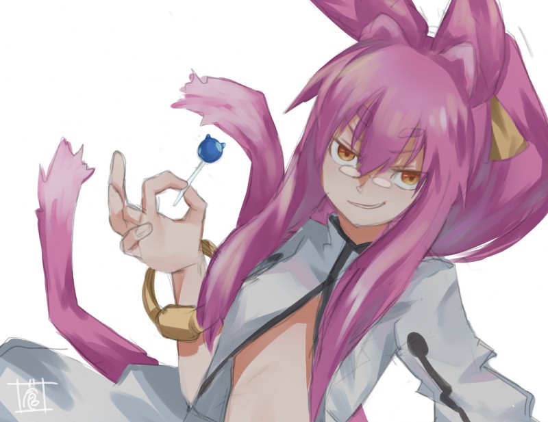 amber_eyes candy clothed clothing dessert eyewear female food fur glasses hair holding_object lollipop long_hair looking_at_viewer pink_body pink_fur pink_hair simple_background smile solo white_background pale_(1080) arc_system_works blazblue kokonoe_mercury animal_humanoid humanoid 2018 hi_res