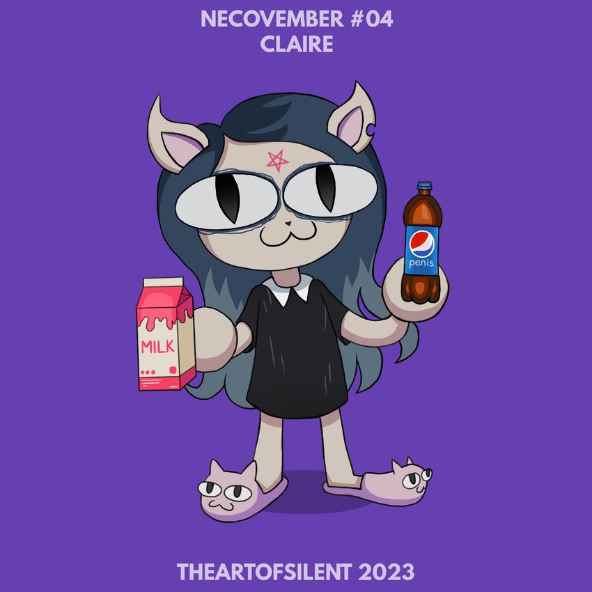 anthro big_eyes biped black_clothing black_nose blue_hair clothing featureless_hands female footwear fusion hair holding_object inverted_pentagram logo logo_parody long_hair looking_at_viewer milk occult_symbol pentagram pupils purple_background shoes simple_background slippers slit_pupils solo symbol text thin_calves thin_legs thin_thighs theartofsilent cartoon_hangover pepsi pilk the_summoning tsukihime type-moon claire_(the_summoning) neco-arc domestic_cat felid feline felis mammal 1:1 2023 artist_name colored crossover hi_res