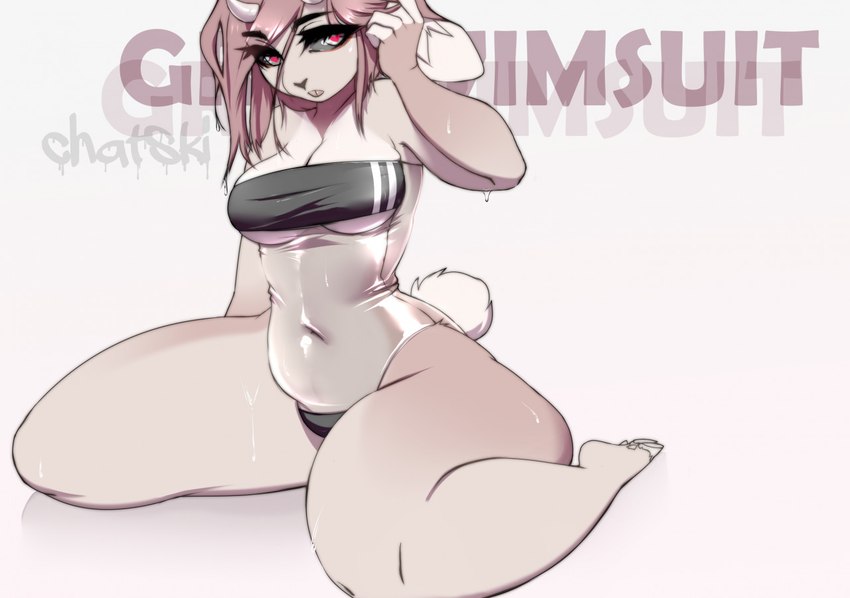 abstract_background anthro belly black_sclera breast_squish breasts brown_body brown_fur brown_hair clothing dripping female fluffy fluffy_tail fur hair heart_eyes heart_symbol horn kneeling navel one-piece_swimsuit open_mouth short_hair short_tail slightly_chubby slightly_chubby_female solo squish swimwear tail text tight_clothing translucent translucent_clothing translucent_swimwear wet wet_body wet_fur wet_hair wide_hips chatski gris_swimsuit meme_clothing chatski_(fursona) lagomorph leporid mammal rabbit english_text full-length_portrait meme portrait