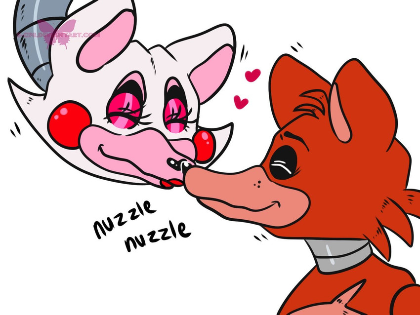 anthro cheek_tuft duo exposed_endoskeleton eyes_closed facial_tuft female freckles fur happy head_tuft lipstick machine makeup male male/female multicolored_body nuzzling red_body red_cheeks red_fur romantic romantic_ambiance smile tuft white_body e-c98 five_nights_at_freddy's five_nights_at_freddy's_2 scottgames foxy_(fnaf) mangle_(fnaf) animatronic canid canine fox mammal robot 4:3 watermark