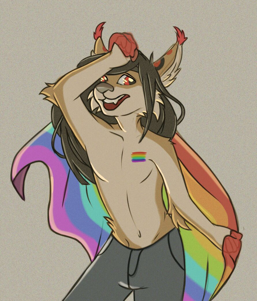 anthro bulge clothed clothing ear_tuft femboy flag flag_(object) hair holding_flag holding_object lgbt_pride long_hair male pride_color_flag pride_colors rainbow rainbow_flag rainbow_pride_colors rainbow_pride_flag rainbow_symbol red_eyes seven-stripe_rainbow_pride_colors solo tattoo topless tuft will-o-wish~ lgbt_pride_month troy_stella felid feline lynx mammal