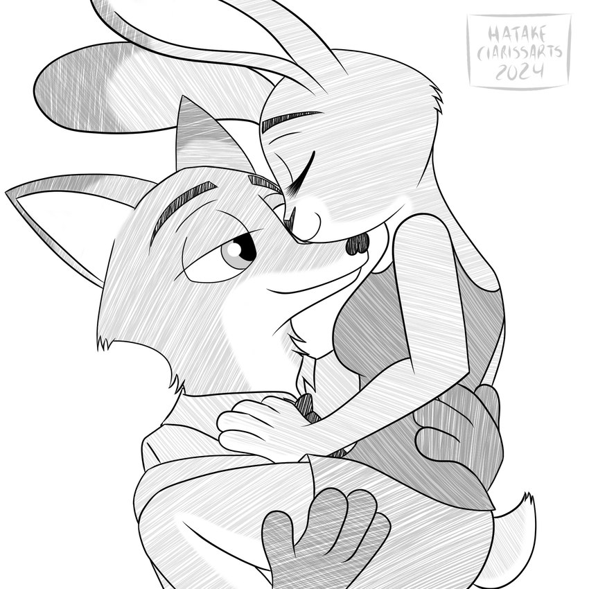 anthro female hug lifting lifting_partner male male/female ship solo vehicle watercraft wildehopps hatakeclarissarts disney inktober zootopia judy_hopps nick_wilde canid canine fox lagomorph leporid mammal rabbit 1:1 hi_res monochrome