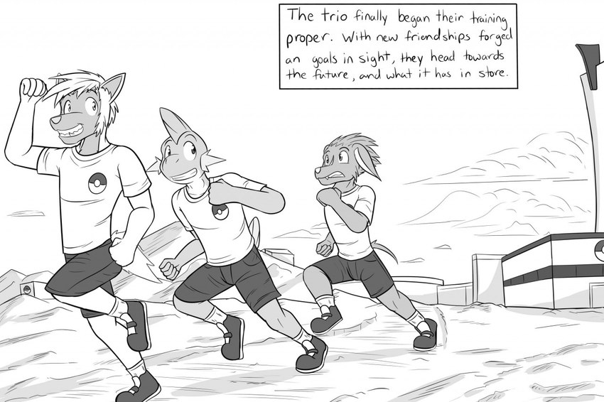 anthro anthrofied bottomwear clothed clothing footwear fully_clothed group male pokemorph running shirt shoes shorts socks t-shirt text topwear trio fuze nintendo pokemon gao_(fuze) jolt_(fuze) pawl_(fuze) electrike generation_3_pokemon mudkip pokemon_(species) poochyena 2015 comic english_text greyscale monochrome