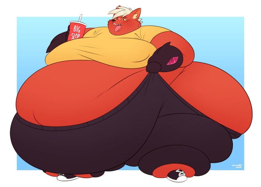 anthro belly big_belly big_butt bottomwear butt clothed clothing fur hair huge_belly huge_butt male moobs morbidly_obese obese overweight overweight_anthro overweight_male pants red_body red_fur sagging_pants simple_background smile solo teeth thick_thighs topwear wide_hips youtuber chumb0ii pyrocynical canid canine fox hybrid mammal digital_media_(artwork)