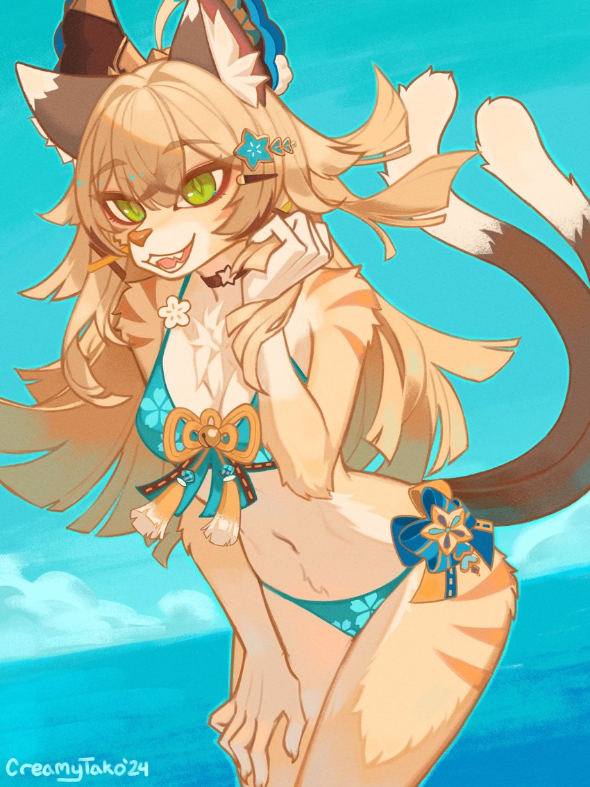 anthro bikini bra breasts brown_body brown_fur clothing female fur green_eyes hair long_hair multi_tail navel outside seaside smile solo stripes swimwear tail teeth tongue two-piece_swimsuit underwear creamytako genshin_impact mihoyo kirara_(genshin_impact) felid feline mammal 3:4 hi_res