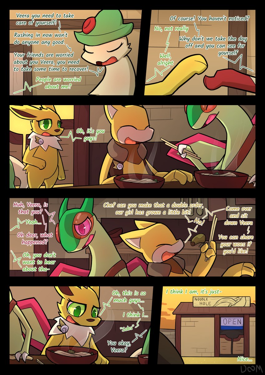 anthro desert dialogue female food green_eyes male noodles purple_eyes text infinitydoom nintendo pokemon pokemon_mystery_dungeon spike_chunsoft ara_(infinitydoom) brene_(infinitydoom) veera_(infinitydoom) abra breloom eeveelution flygon generation_1_pokemon generation_3_pokemon jolteon pokemon_(species) comic english_text hi_res