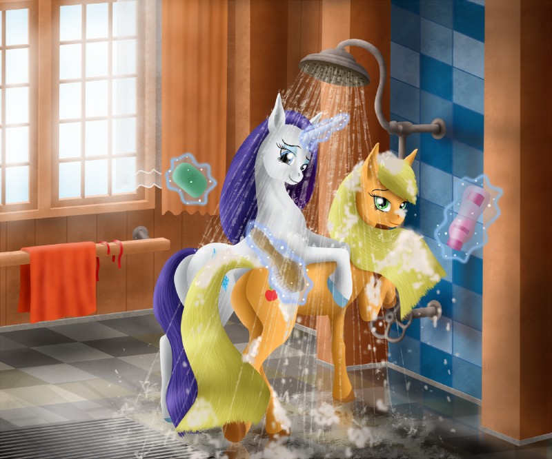 blonde_hair brush duo female feral hair hooves horn looking_at_viewer looking_back magic purple_hair rear_view shower smile soap towel underhoof water wet_hair szafir87 friendship_is_magic hasbro my_little_pony mythology applejack_(mlp) rarity_(mlp) earth_pony equid equine horse mammal mythological_creature mythological_equine pony unicorn 2015 6:5