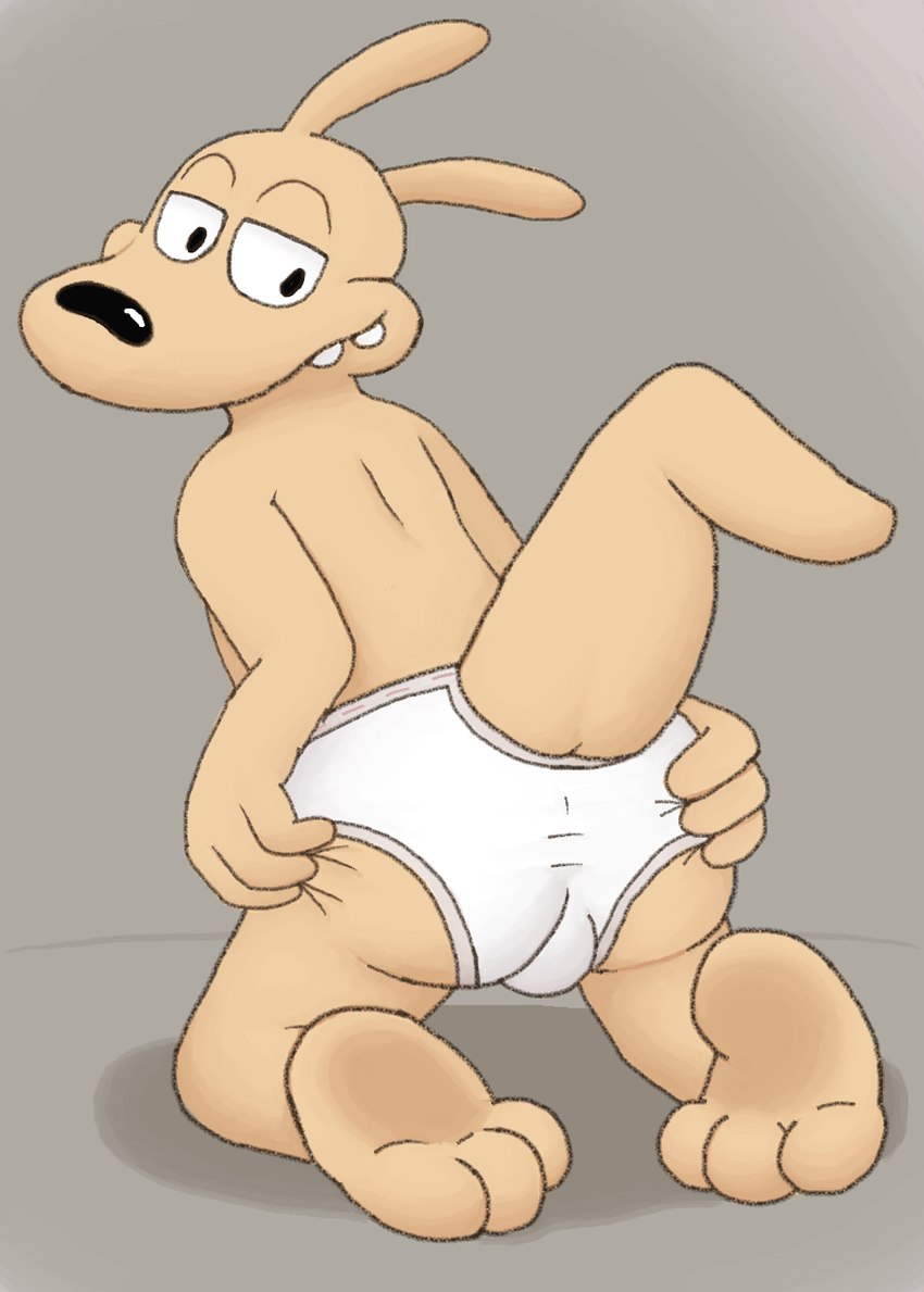 anthro barefoot black_nose briefs briefs_only bulge butt clothed clothing feet fur gray_seam_briefs half-closed_eyes hand_on_butt male narrowed_eyes presenting presenting_hindquarters smile solo tan_body tan_fur teeth_showing tighty_whities topless underwear underwear_only white_briefs white_clothing white_underwear gramy nickelodeon rocko's_modern_life rocko_rama macropod mammal marsupial wallaby hi_res