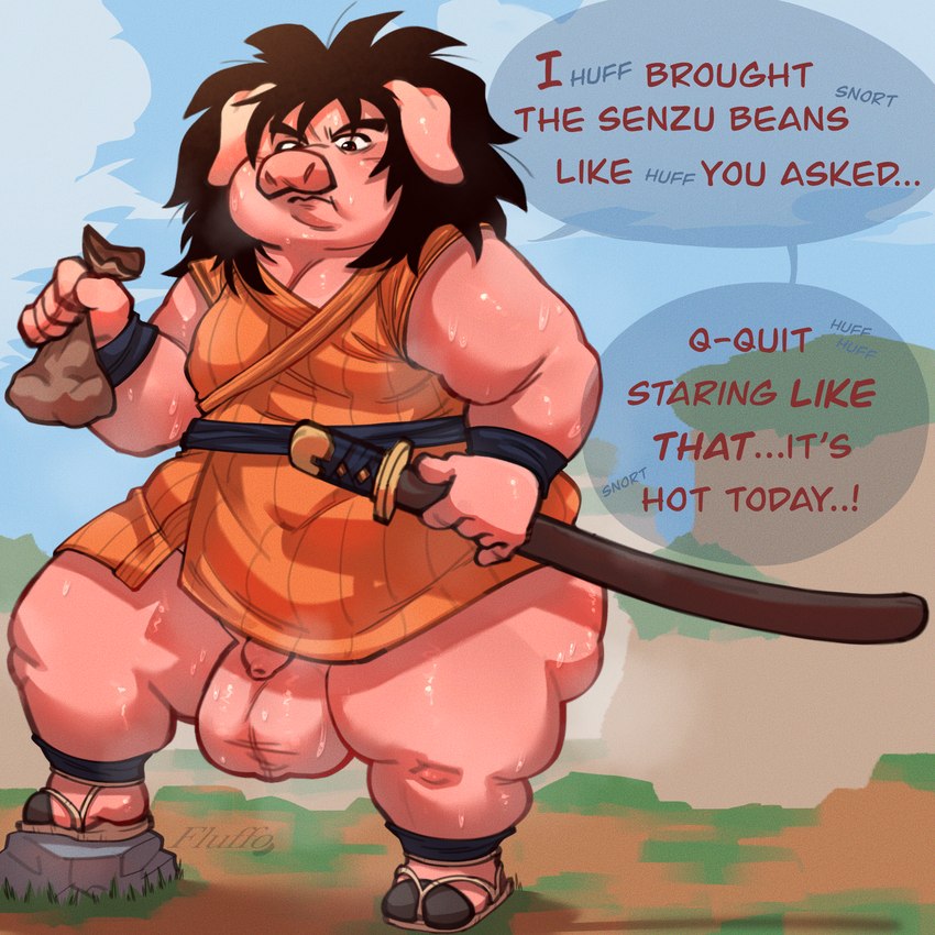 anthro balls big_balls bodily_fluids genitals hair holding_object katana long_hair male melee_weapon musk musk_clouds obese obese_male overweight overweight_anthro overweight_male peeking_penis solo sweat sweaty_balls sweaty_genitalia sword thick_thighs weapon fluffo_boyo dragon_ball yajirobe mammal suid suine sus_(pig) 1:1 absurd_res hi_res