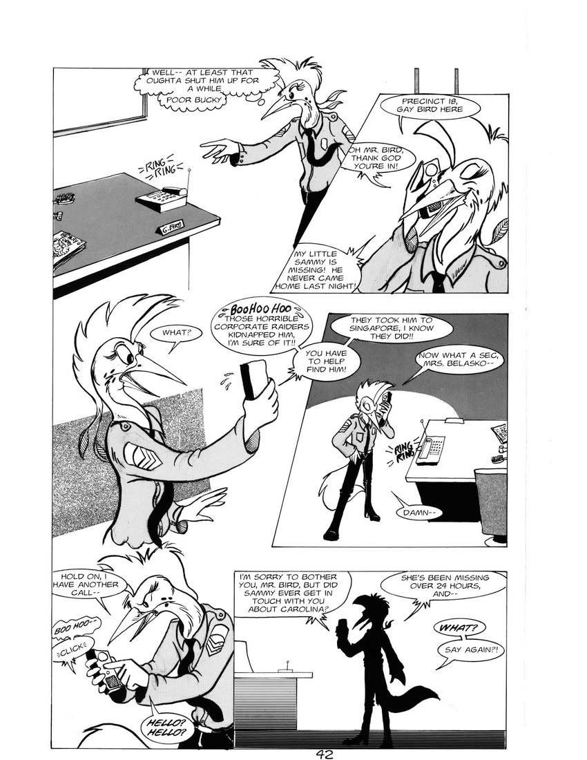 anthro clothing desk dialogue electronics furniture male necktie phone phone_call phone_ringing police police_officer police_station police_uniform solo speech_bubble standing table text thought_bubble uniform roz_gibson avian bird 1989 2021 black_and_white comic english_text hi_res monochrome