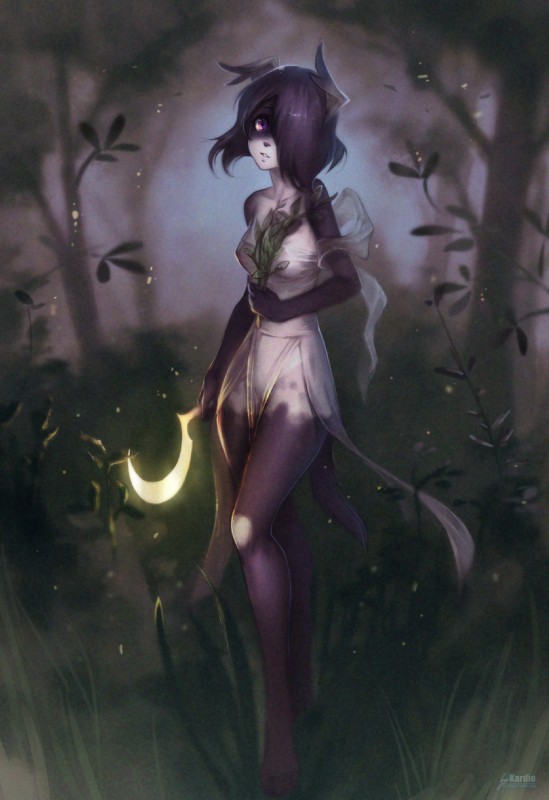 anthro breasts clothed clothing covered_eye detailed_background female genitals no_underwear one_eye_obstructed outside plant pussy sickle solo spots translucent translucent_clothing kardie latchkey_kingdom svana_blackheart mammal yuman digital_media_(artwork) hi_res