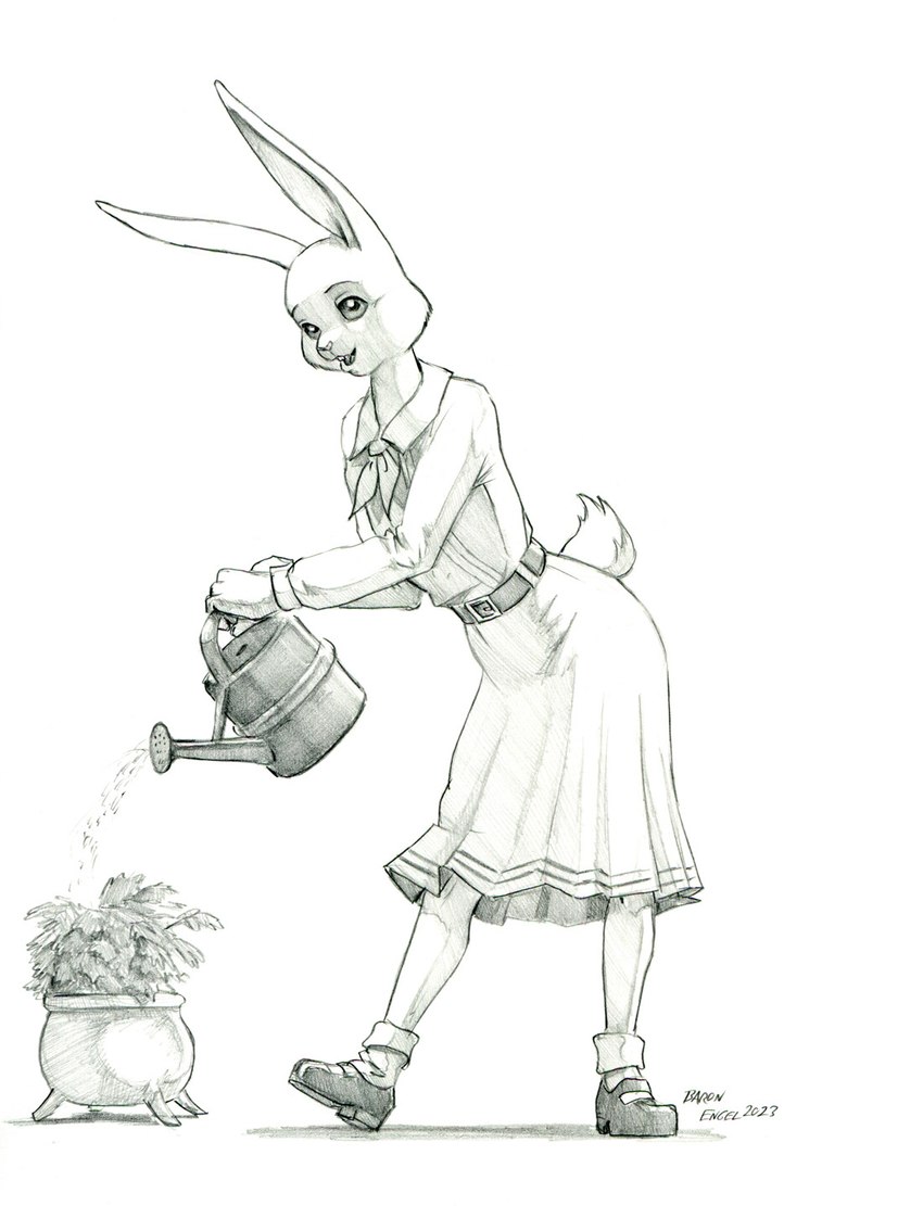 anthro belt clothed clothing dress eyebrows female footwear holding_object holding_watering_can long_ears open_mouth plant plant_pot potted_plant scut_tail shoes short_tail simple_background solo tail watering watering_can white_background baron_engel beastars haru_(beastars) domestic_rabbit dwarf_rabbit lagomorph leporid mammal netherland_dwarf_rabbit oryctolagus rabbit 2023 graphite_(artwork) hi_res monochrome signature traditional_media_(artwork)