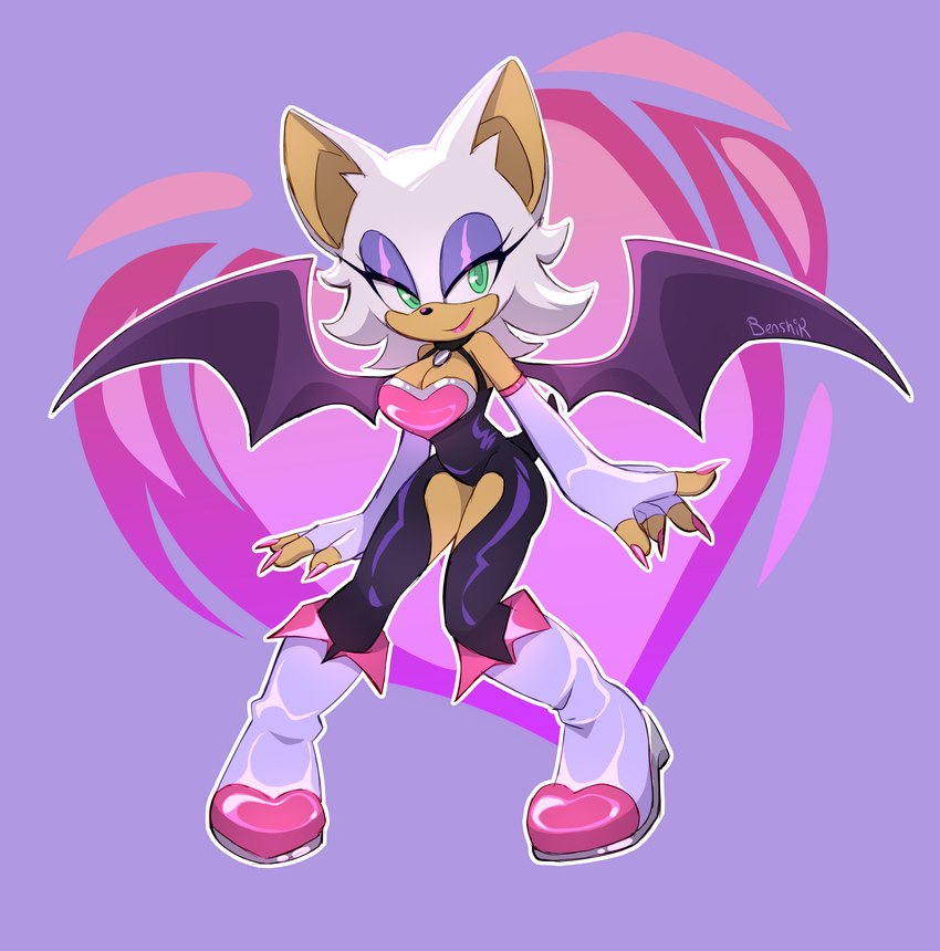 anthro boots breasts cleavage clothed clothing cutout eyeshadow female fingerless_gloves footwear fur gloves green_eyes handwear lipstick looking_at_viewer makeup shoes simple_background smile solo tan_body tan_skin thigh_cutout unitard white_body white_fur wings benshir125 sega sonic_the_hedgehog_(series) rouge_the_bat bat mammal absurd_res hi_res signature