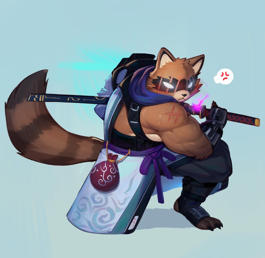 anthro asian_clothing bag black_nose brown_body brown_fur cheek_tuft claws clothing cross-popping_vein east_asian_clothing facial_tuft feet fluffy fur hindpaw japanese_clothing male mask melee_weapon muscular muscular_anthro muscular_arms muscular_male paws samurai scar shoulder_scar solo speech_bubble sword tail thick_arms toe_claws tuft warrior weapon cydonia_xia epic_games fortnite canid canine mammal raccoon_dog tanuki absurd_res hi_res