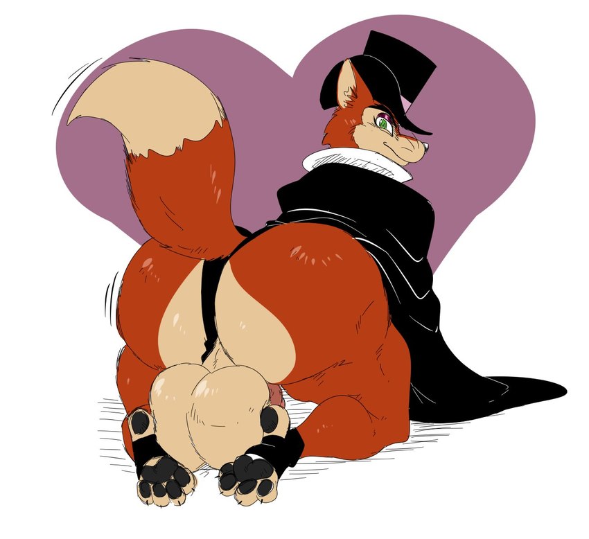 anthro backsack balls big_balls big_butt butt cape claws clothing fur genitals hat headgear headwear heart_symbol looking_at_viewer looking_back male pawpads paws rear_view seductive solo thick_thighs top_hat whiskers reagan700 disney pinocchio "honest"_john_foulfellow canid canine fox mammal 2022