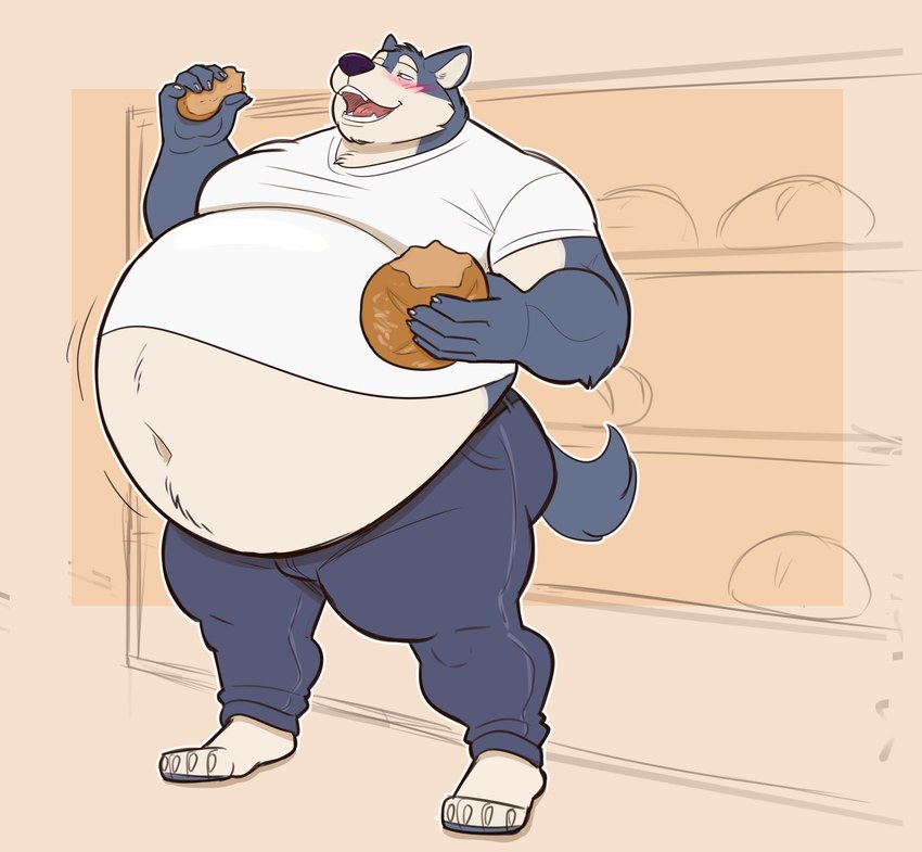 4_toes 5_fingers anthro bakery barefoot belly belly_expansion belly_peeking_out belt biceps big_belly black_nose blue_bottomwear blue_clothing blue_jeans blue_pants blush bottomwear bread claws clothing denim denim_bottomwear denim_clothing eating expansion exposed_belly eyebrows fangs feet fingers food fur grey_body grey_fur holding_food holding_object huge_belly inside jeans male moobs motion_lines musclegut muscular muscular_anthro muscular_male narrowed_eyes navel obese obese_anthro obese_male open_mouth overweight overweight_anthro overweight_male pants pecs pink_tongue shelf shirt solo standing teeth toes tongue topwear weight_gain white_clothing white_shirt white_topwear lizard_soup tommy_(jeffieb19) canid canine canis mammal wolf 2021 absurd_res hi_res